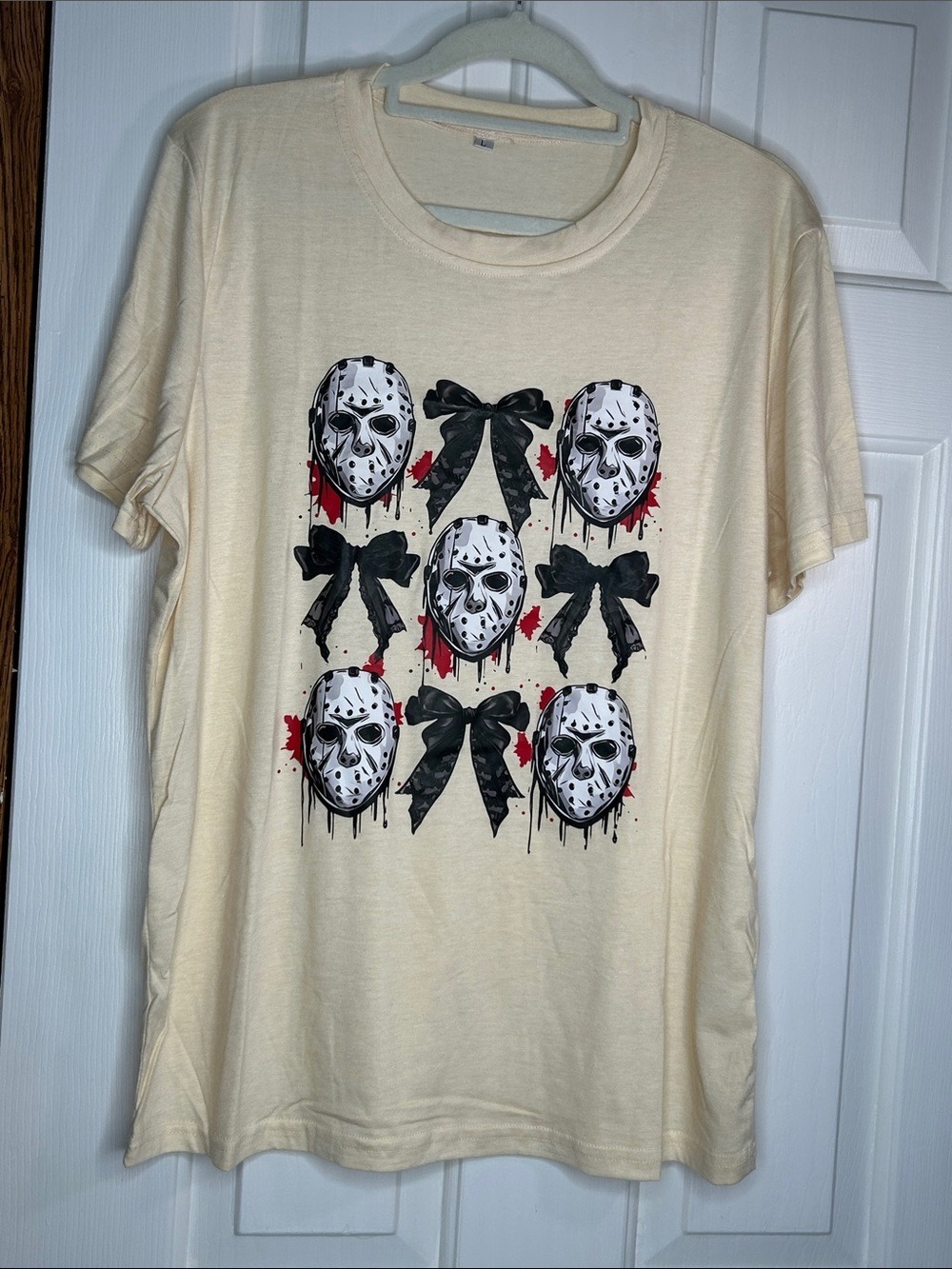 Cream Short Sleeve Graphic Tee with Bow & Jason Mask Motif